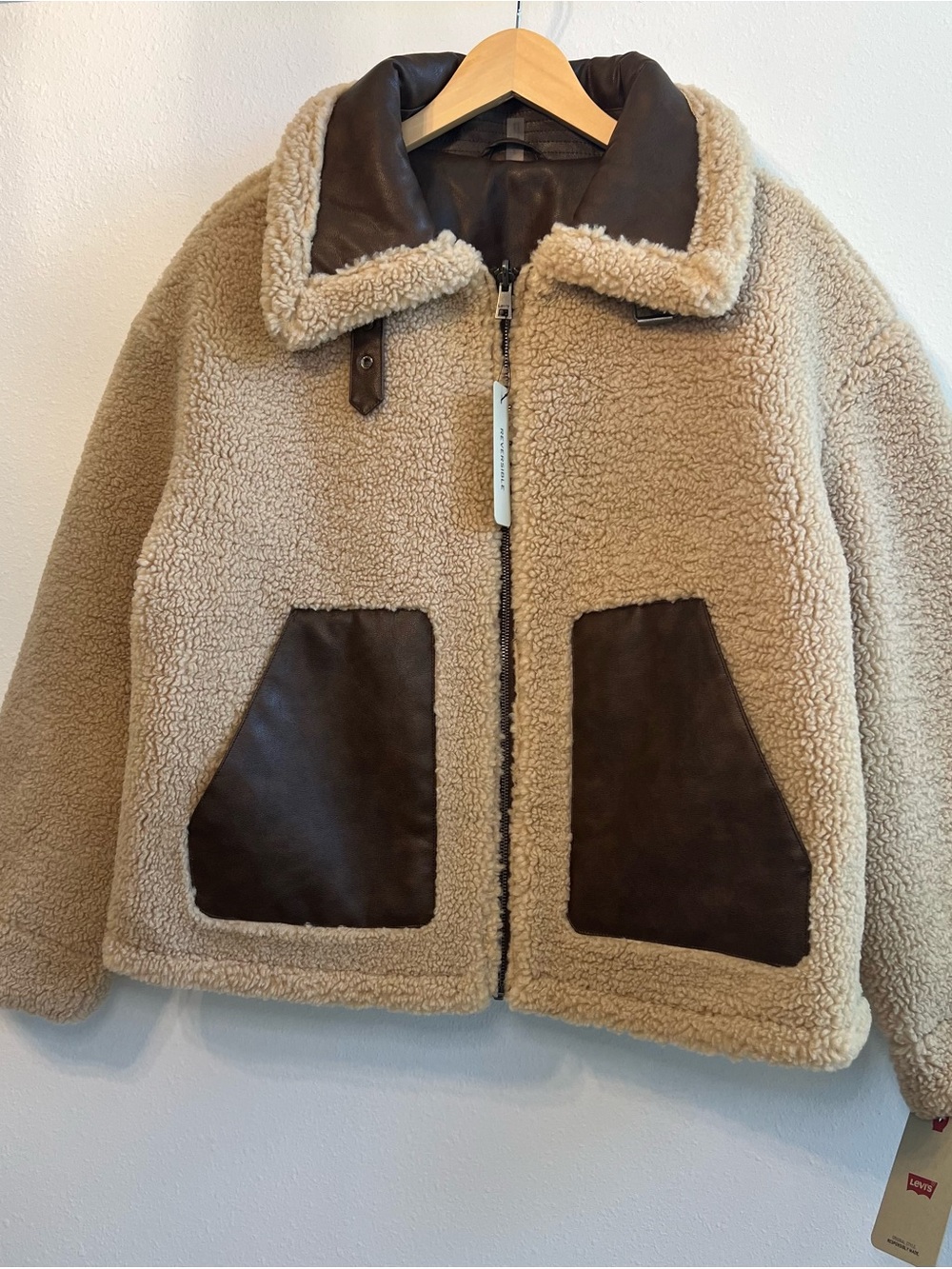 Levi's Tan Sherpa Bomber Jacket with Brown Trim - Picture 8 of 11